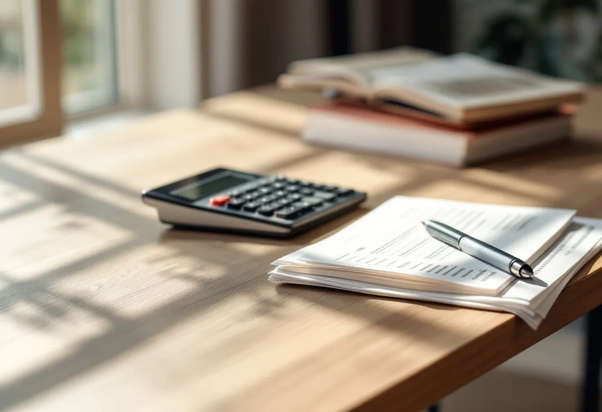 Calculator and paperwork arranged on a wooden desk
