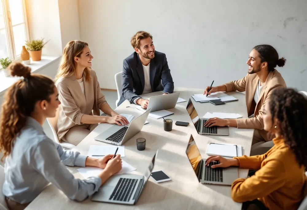 People discussing documents around a meeting table